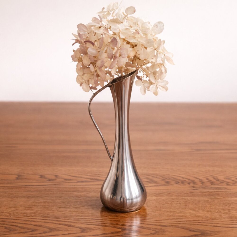 Sleek Silver Metal Decorative Vase with Handle